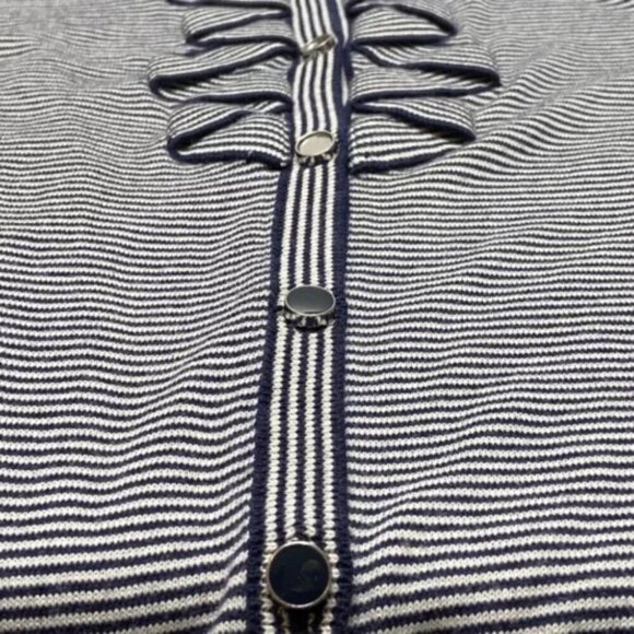 Talbots Ladies Button Front Ruffle Cardigan Medium Navy White Stripe 3/4 Sleeve - Picture 10 of 13